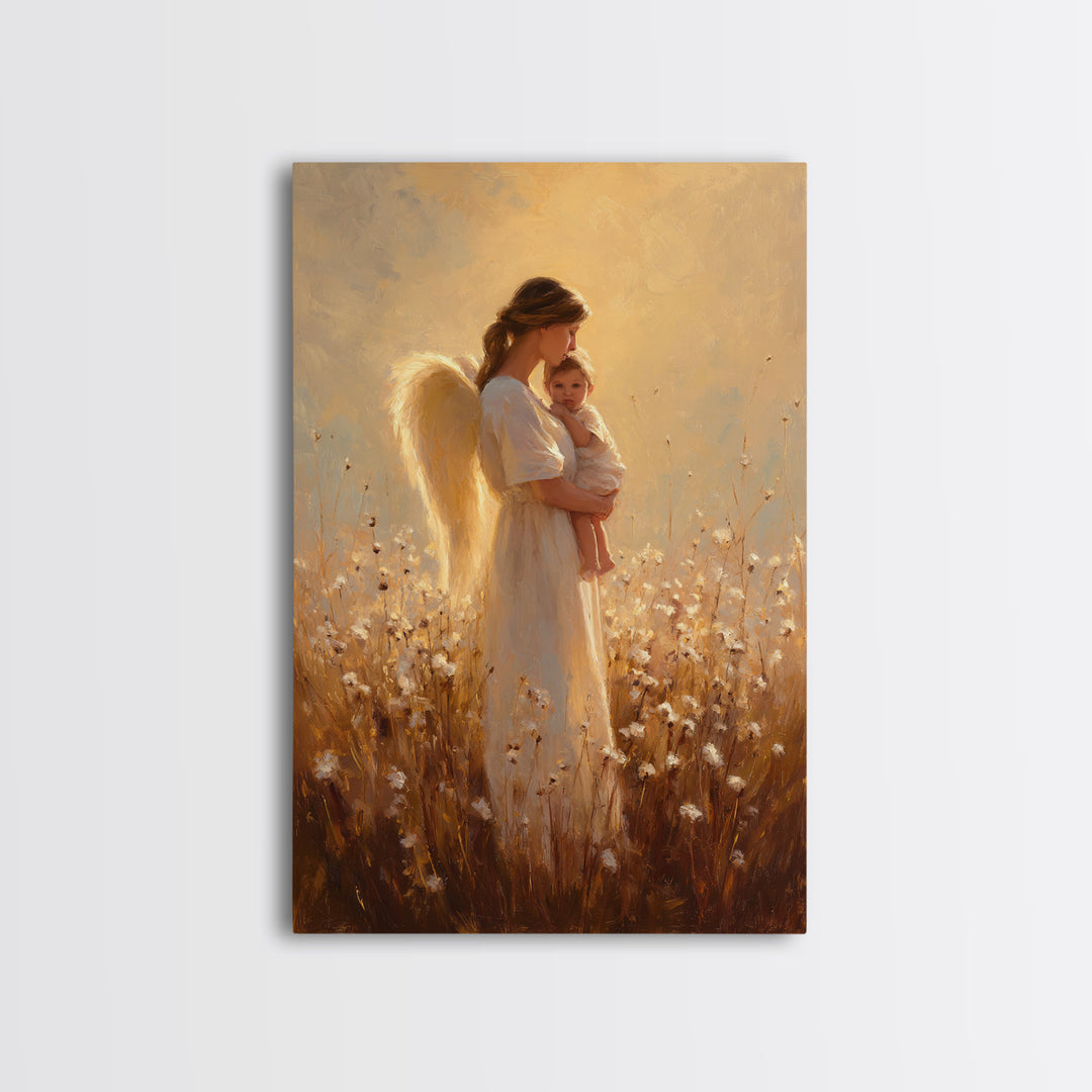 Golden Angel Mother And Baby In Cotton Meadow Framed Canvas Print, Warm Spiritual Wall Art, Nursery Home Decor, Gift For Mom