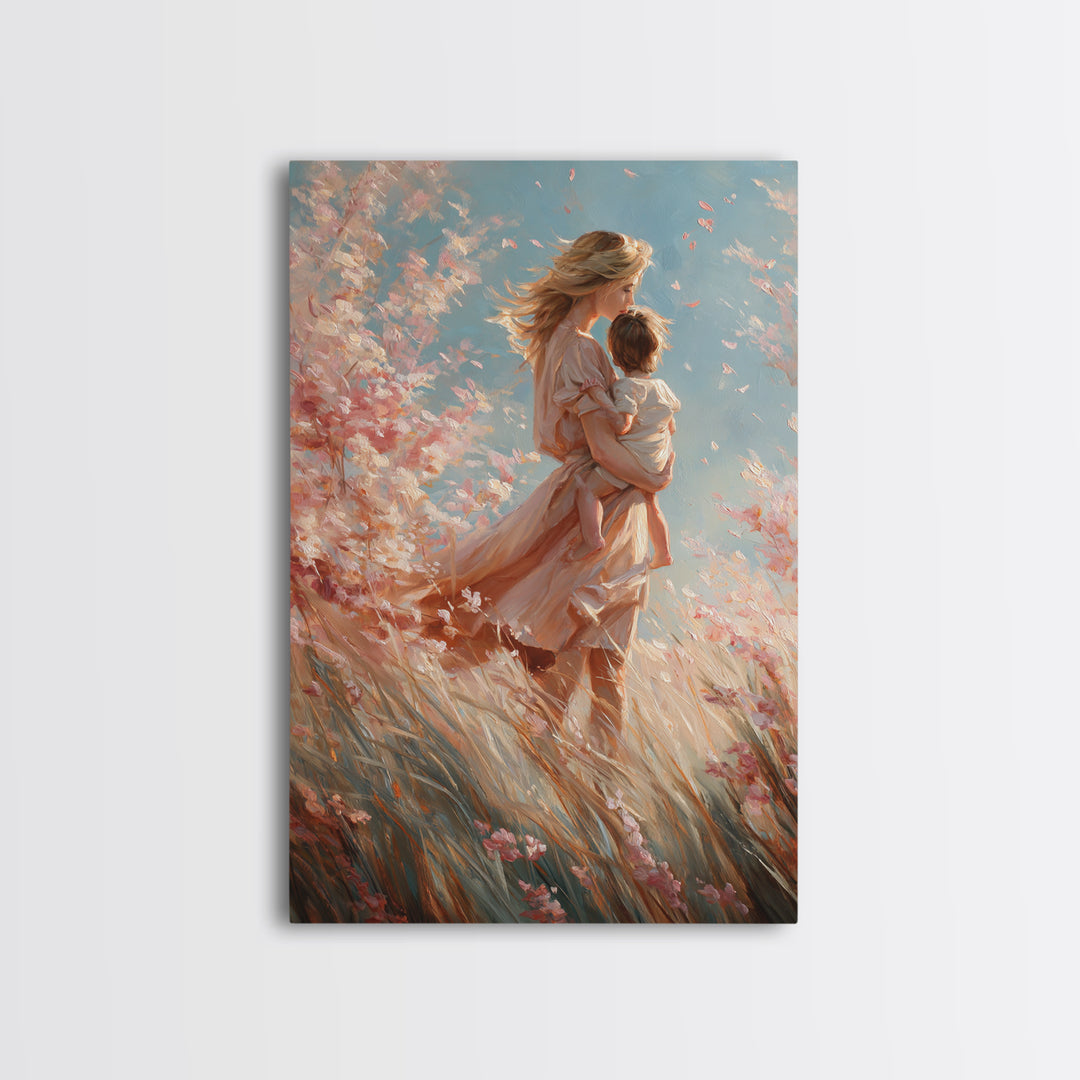 Windblown Angel Mother Carrying Baby Through Pink Blossoms Canvas Print, Feminine Spiritual Wall Art, Gift For Mom, Nursery Decor
