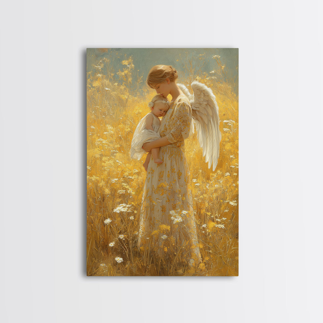 Golden Meadow Angel Holding Sleeping Baby Framed Canvas Print, Spiritual Nursery Wall Art, Gift For Mom, Christian Home Decor