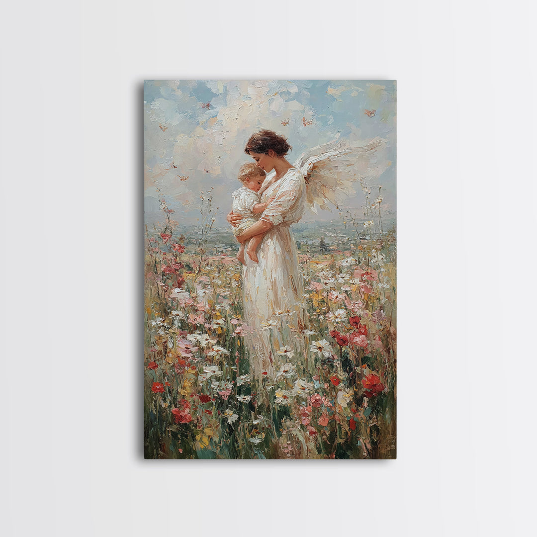 Guardian Angel Mother And Baby In Wildflower Meadow Wall Art, Spiritual Nursery Decor, Christian Gift, Fine Art Print, Home Decor