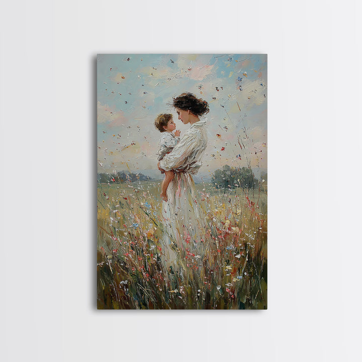 Mother And Baby In Windy Wildflower Meadow Canvas Print, Feminine Wall Art, Nursery Decor, Gift For Mom, Home Decor, Living Room Decor
