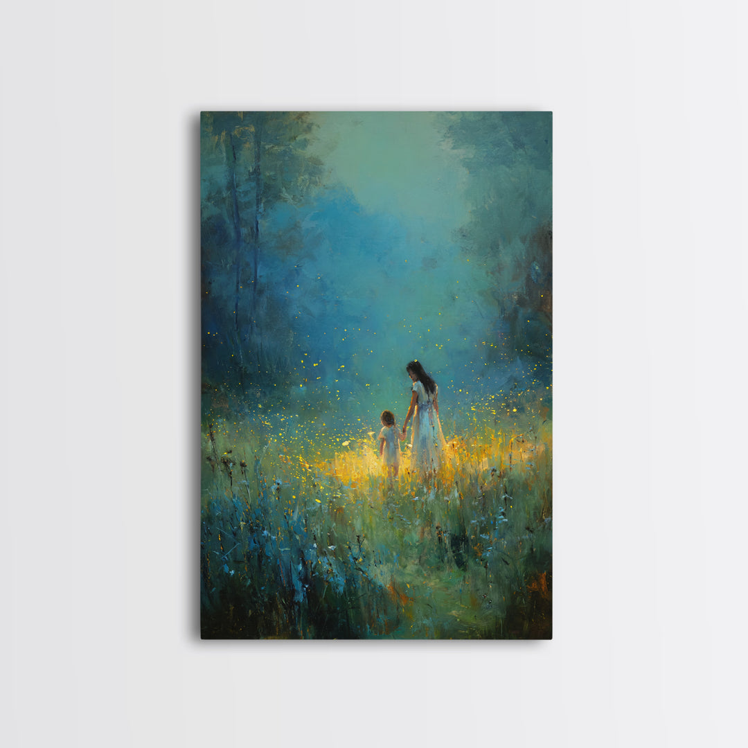 Mother And Child In Glowing Blue Forest Framed Canvas Print, Fantasy Wall Art, Nature Wall Art, Nursery Decor, Gift For Her