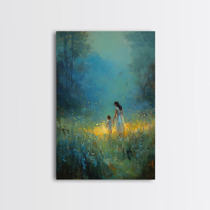 Mother And Child In Glowing Blue Forest Framed Canvas Print, Fantasy Wall Art, Nature Wall Art, Nursery Decor, Gift For Her
