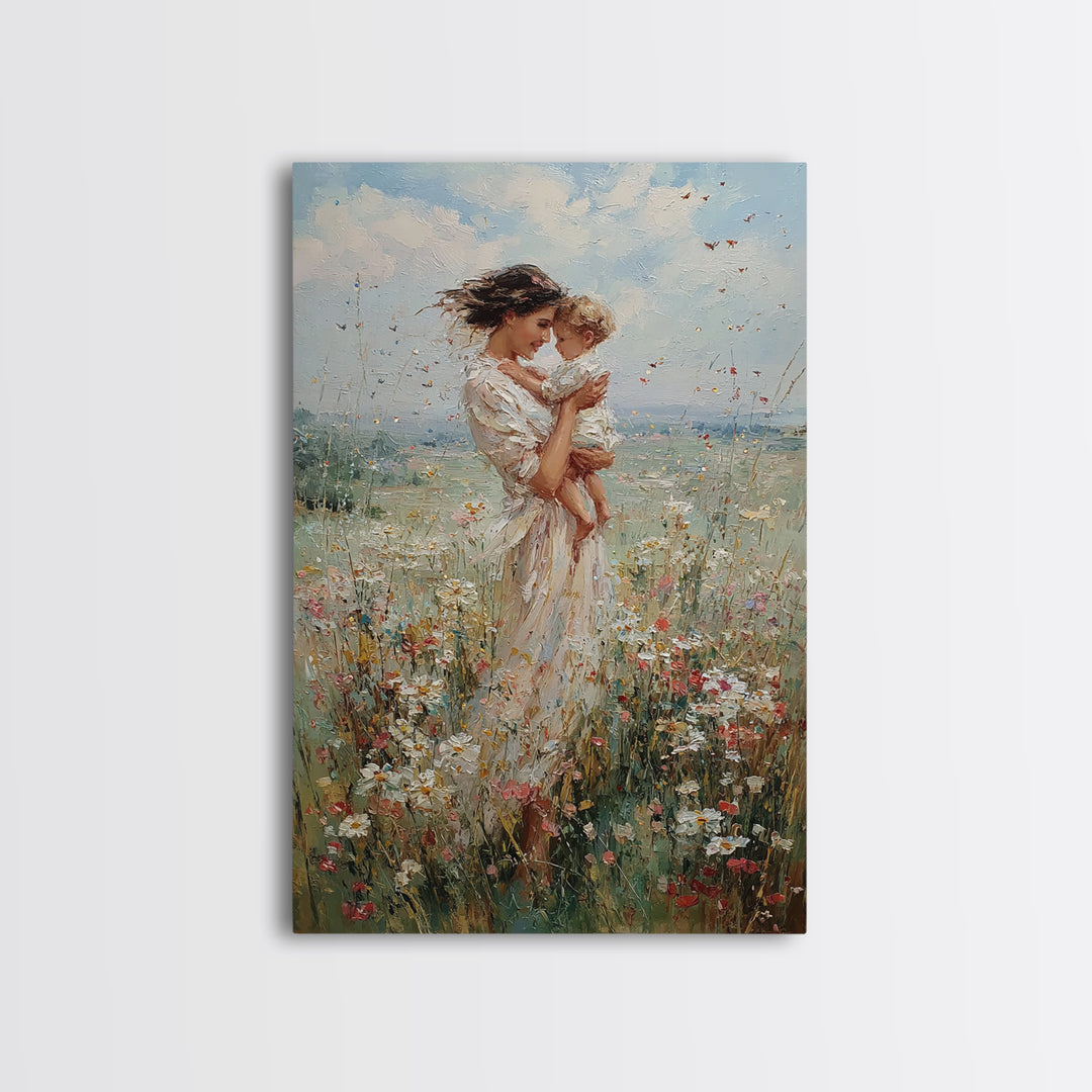 Mother Kissing Baby In Sunlit Wildflower Meadow Wall Art, Feminine Nursery Decor, Fine Art Print, Gift For Mom, Home Decor