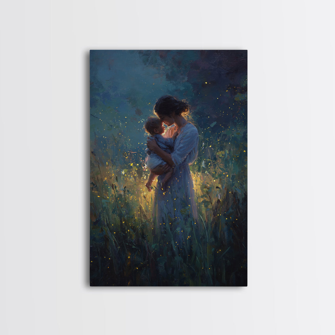 Mother And Baby With Golden Fireflies At Night Framed Canvas Print, Moody Wall Art, Spiritual Gift, Bedroom Wall Art, Nursery Decor