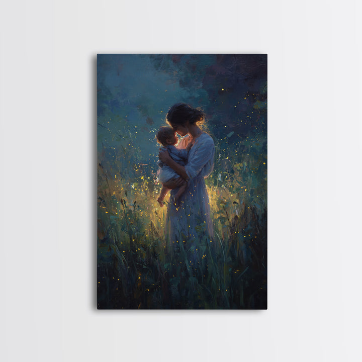 Mother And Baby With Golden Fireflies At Night Framed Canvas Print, Moody Wall Art, Spiritual Gift, Bedroom Wall Art, Nursery Decor