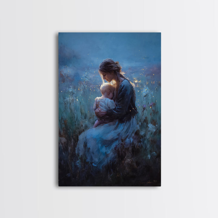 Seated Mother And Baby In Blue Twilight Meadow Wall Art, Moody Nursery Decor, Fine Art Print, Gift For Her, Home Decor, Living Room Decor