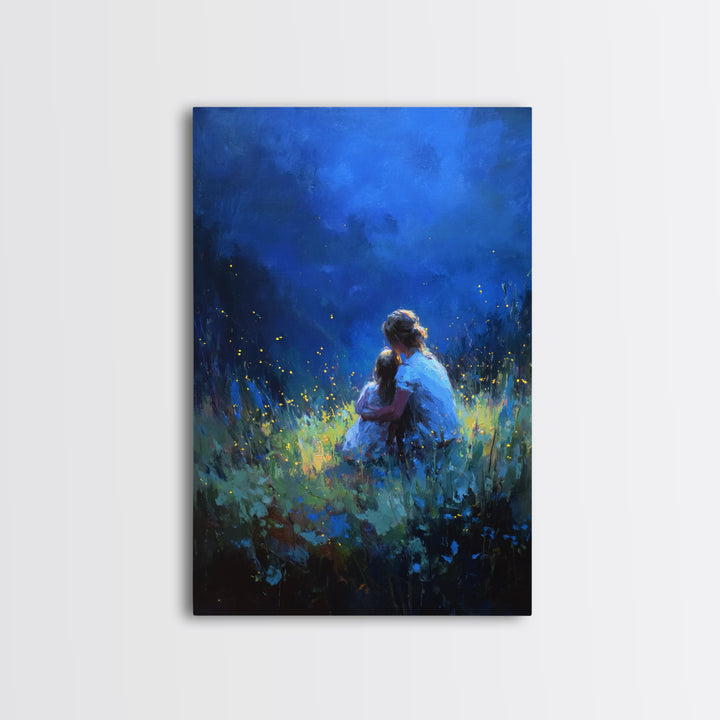 Mother And Child In Deep Blue Firefly Meadow Canvas Print, Moody Wall Art, Fantasy Decor, Nursery Wall Art, Gift For Her