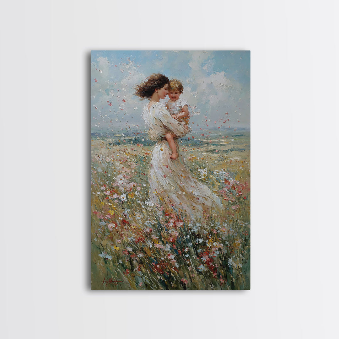 Windblown Mother And Baby In Flower Meadow Canvas Print, Feminine Wall Art, Nursery Decor, Fine Art Print, Gift For Mom, Home Decor