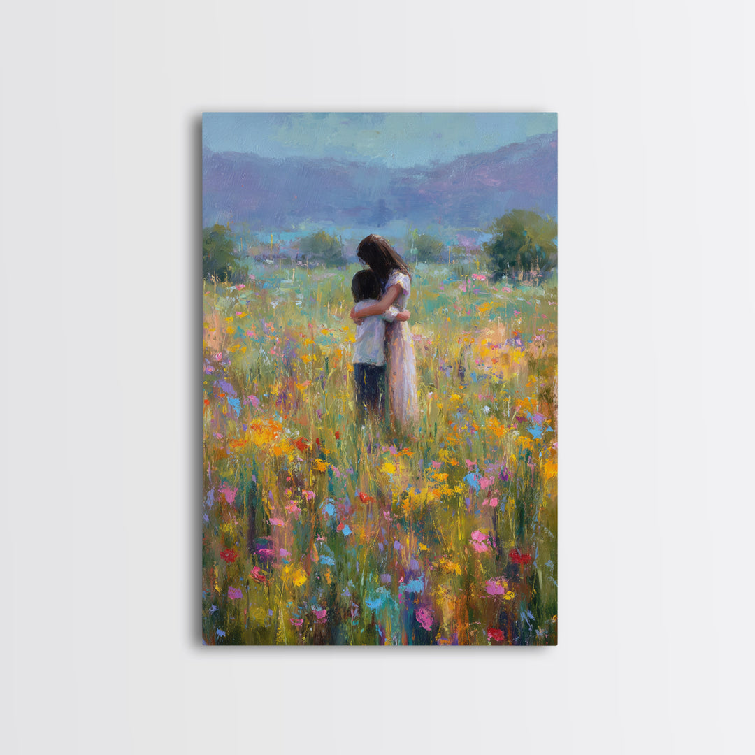 Mother And Child In Wildflower Meadow Wall Art, Impressionist Oil Painting Print, Floral Nursery Decor, Living Room Decor, Gift For Mom
