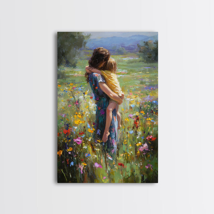 Mother Carrying Child Through Wildflower Meadow Canvas Print, Impressionist Floral Wall Decor, Nursery Art, Gift For Mom