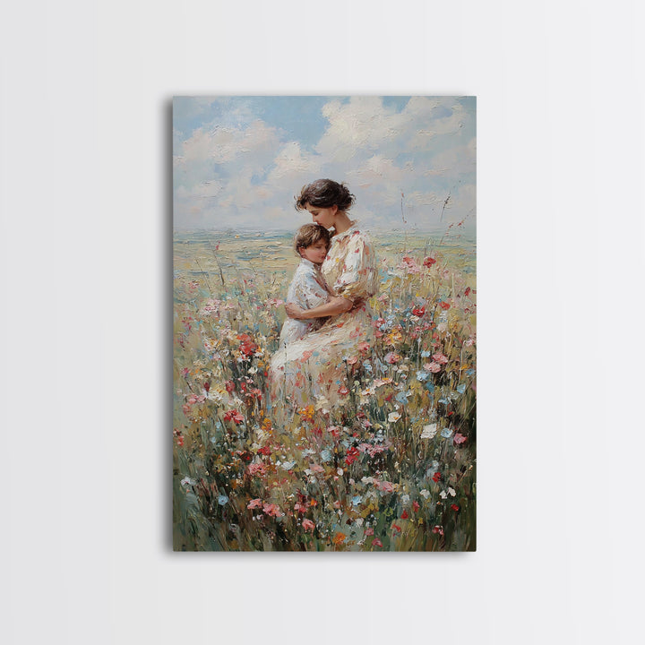 Seated Mother And Child In Coastal Wildflowers Canvas Print, Impressionist Floral Wall Art, Beach House Decor, Gift For Mom