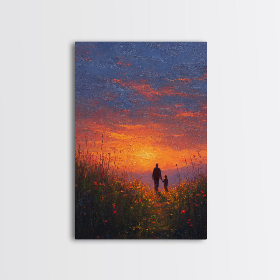 Father And Child Walking At Sunset Wall Art, Colorful Wildflower Meadow Canvas, Family Gift, Living Room Decor, Housewarming Gift