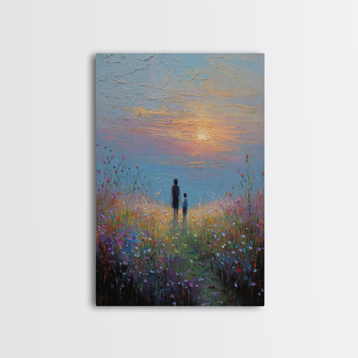 Parent And Child In Misty Wildflower Meadow Canvas Print, Textured Sunset Landscape Wall Art, Calming Living Room Decor Gift