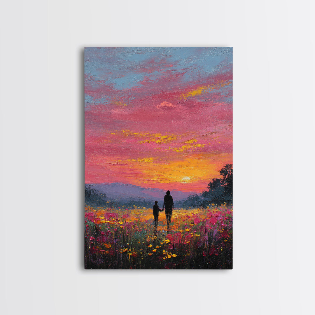 Father And Child Walking Through Pink Sunset Meadow Wall Art, Colorful Landscape Canvas Print, Family Gift, Bedroom Decor