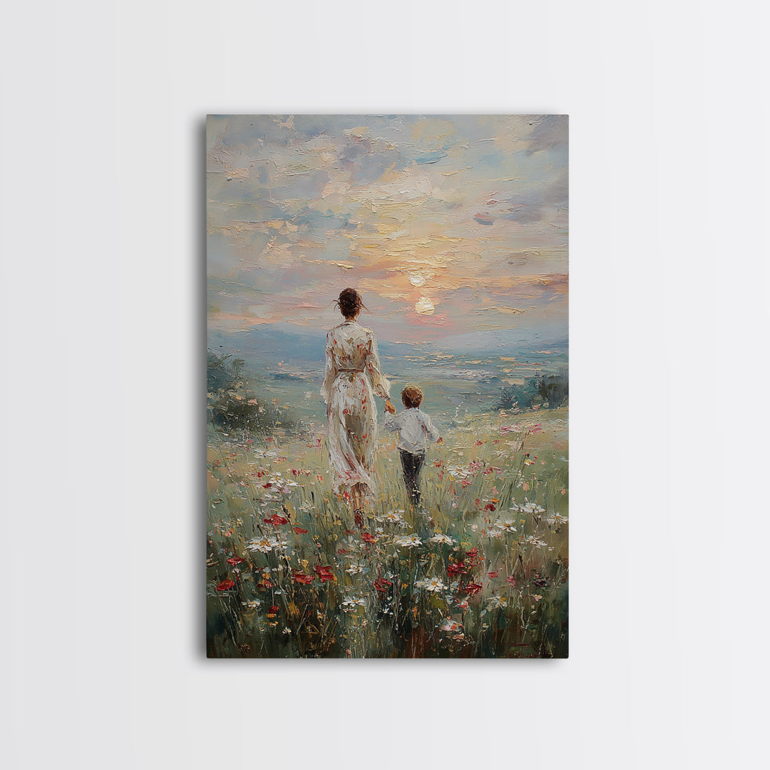Mother And Son Walking In Wildflower Meadow Framed Canvas Print, Impressionist Sunset Wall Art, Family Gift, Warm Home Decor