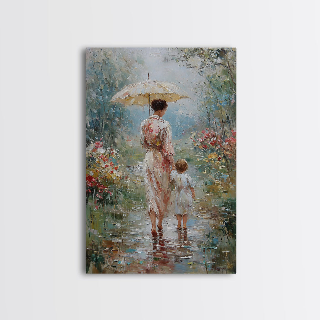 Mother And Child Under Umbrella In Rain Garden Wall Art, Impressionist Oil Painting, Nursery Decor, Gift For Mom, Living Room Decor