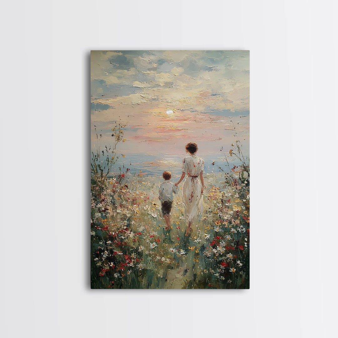 Mother And Child Sunset Seaside Wall Art, Wildflower Path Oil Painting, Coastal Decor, Gift For Mom, Living Room Art, Fine Art Print