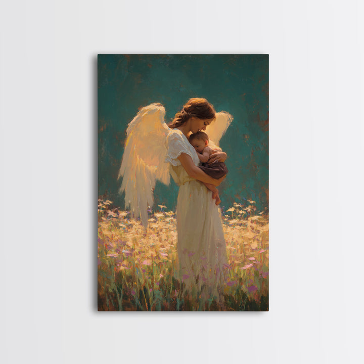 Guardian Angel Holding Baby In Flower Meadow Framed Canvas Print, Spiritual Wall Art, Nursery Decor, Gift For Mom, Baby Shower Gift