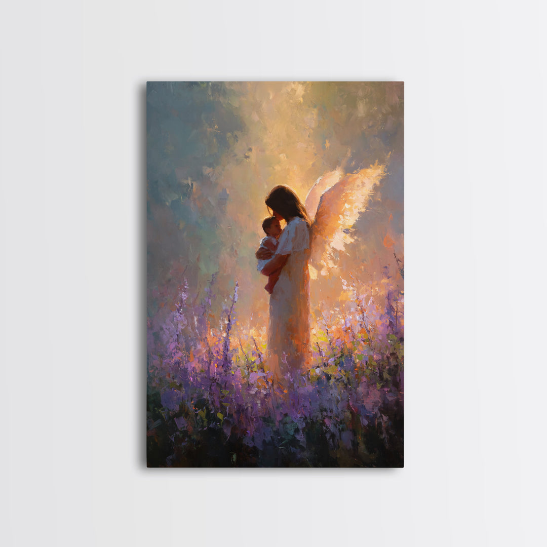 Glowing Guardian Angel With Baby In Lavender Field Canvas Print, Spiritual Wall Art, Christian Decor, Gift For Mom, Nursery Decor