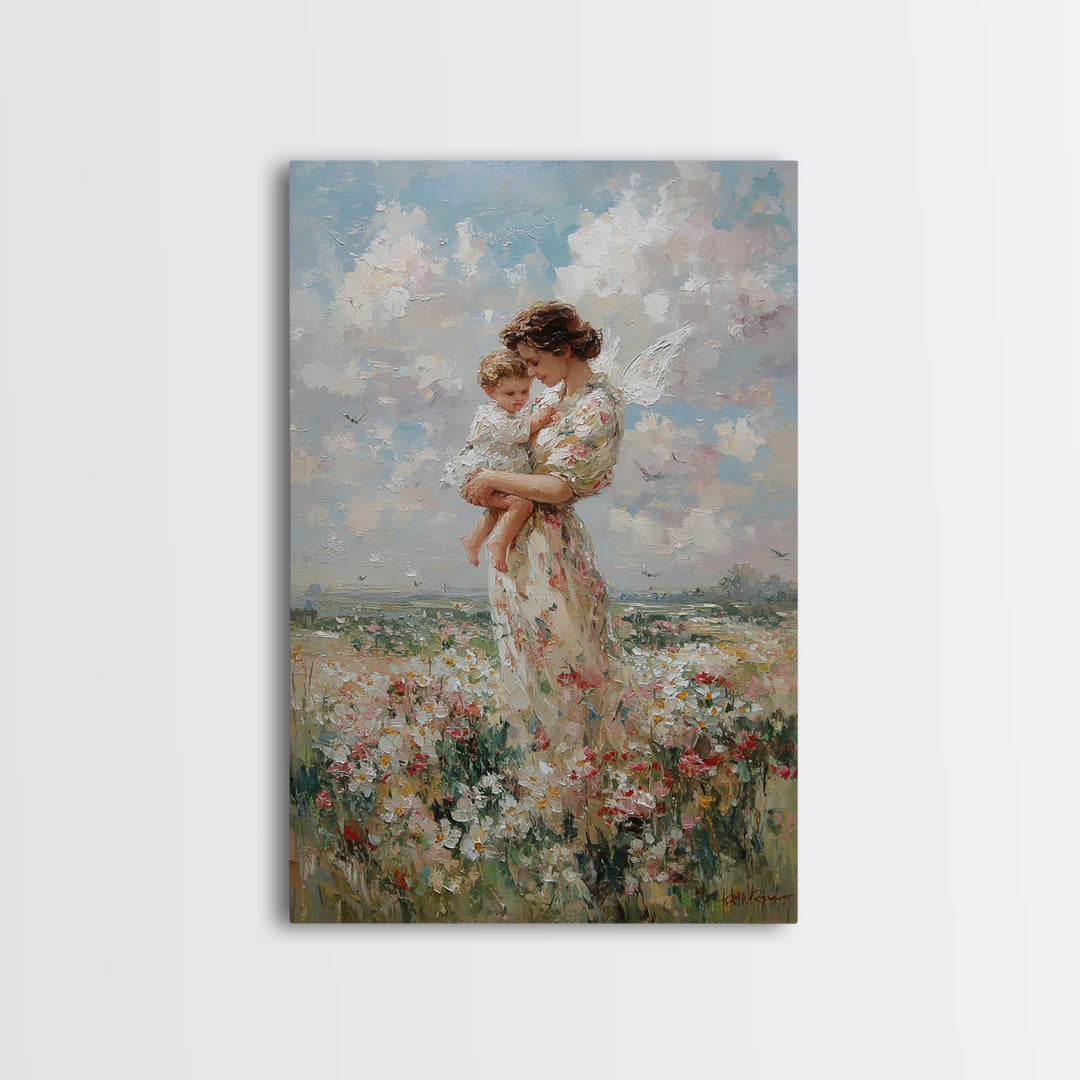 Mother Holding Baby In Daisy Meadow Wall Art, Impressionist Oil Painting, Nursery Decor, Gift For Mom, Fine Art Print, Living Room Decor