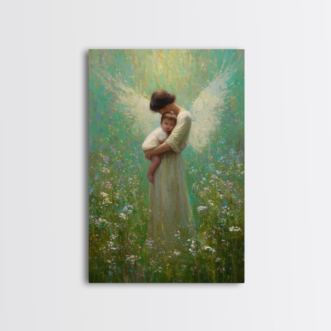 Soft Guardian Angel Holding Baby In Green Meadow Canvas Print, Spiritual Wall Art, Nursery Decor, Baby Shower Gift, Gift For Mom