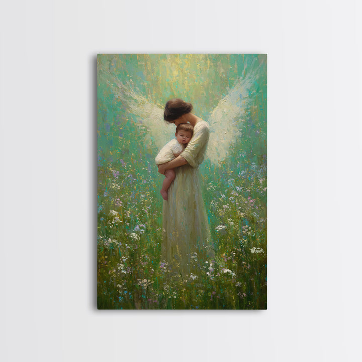 Soft Guardian Angel Holding Baby In Green Meadow Canvas Print, Spiritual Wall Art, Nursery Decor, Baby Shower Gift, Gift For Mom