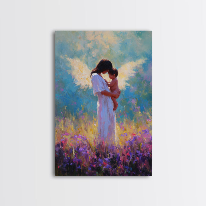 Angel Mother And Baby In Purple Wildflower Field Framed Canvas Print, Spiritual Wall Art, Nursery Decor, Gift For Mom, Baby Shower Gift