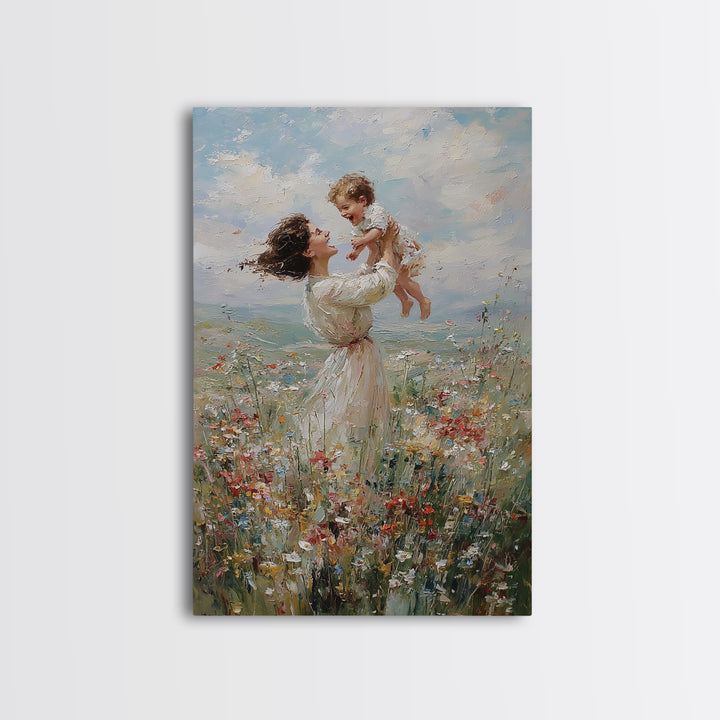Joyful Mother Lifting Baby In Wildflower Meadow Wall Art, Impressionist Oil Painting, Nursery Decor, Gift For Mom, Living Room Art