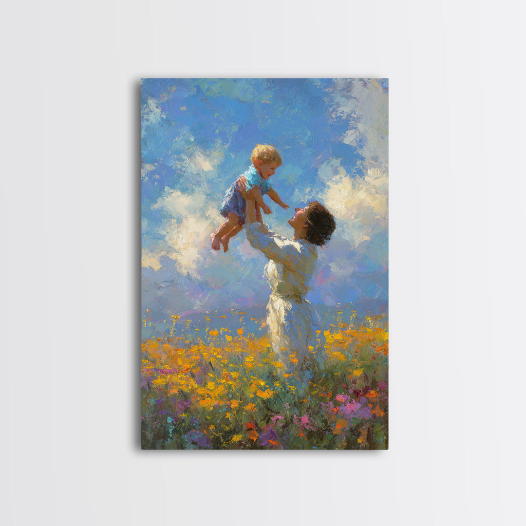 Mother Lifting Child Into Blue Sky Canvas Print, Joyful Wildflower Oil Painting, Nursery Decor, Gift For Mom, Living Room Decor