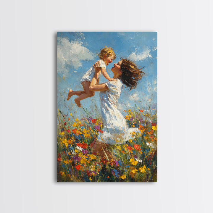 Mother And Child In Wildflower Meadow Wall Art, Impressionist Oil Painting Print, Nursery Decor, Gift For Mom, Feminine Home Decor