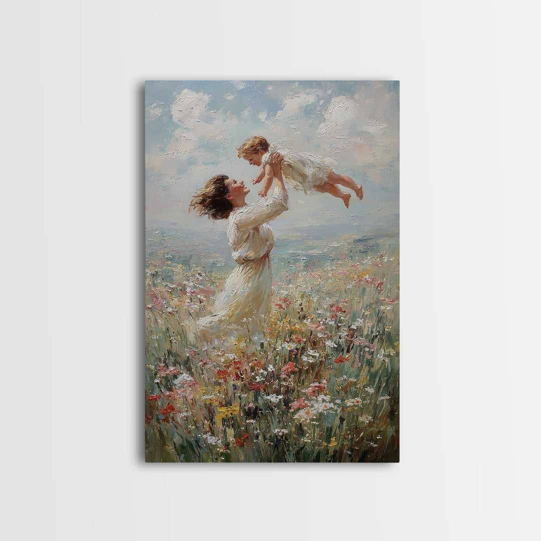 Mother Lifting Baby In Coastal Wildflowers Wall Art, Impressionist Oil Painting, Beach House Decor, Nursery Art, Gift For Her