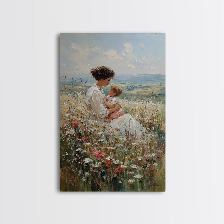 Mother And Baby In Hillside Wildflowers Framed Canvas Print, Impressionist Landscape Wall Art, Nursery Decor, Gift For Her