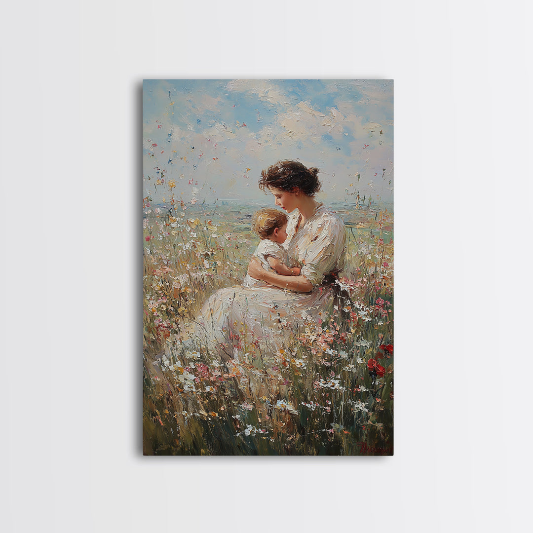 Nursing Mother And Baby In Wildflower Meadow Wall Art, Impressionist Oil Painting Print, Feminine Nursery Decor, Gift For Mom