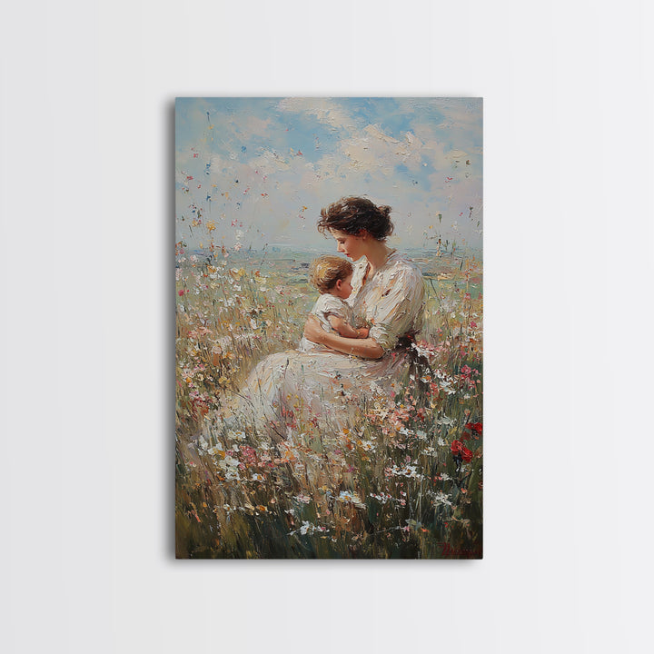 Nursing Mother And Baby In Wildflower Meadow Wall Art, Impressionist Oil Painting Print, Feminine Nursery Decor, Gift For Mom