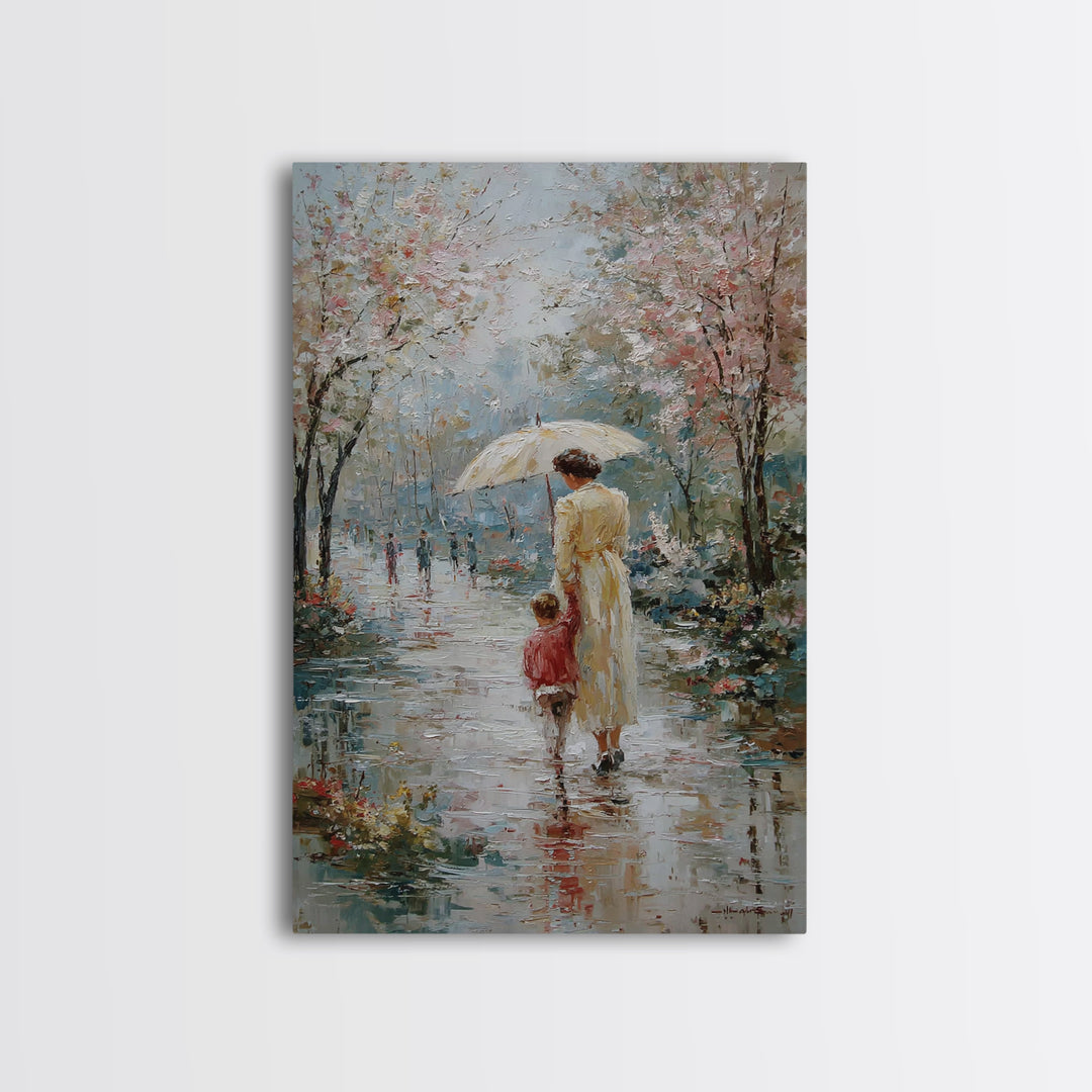 Mother And Child In Spring Rain Wall Art, Impressionist Umbrella Painting, Floral Path Canvas, Nursery And Living Room Decor