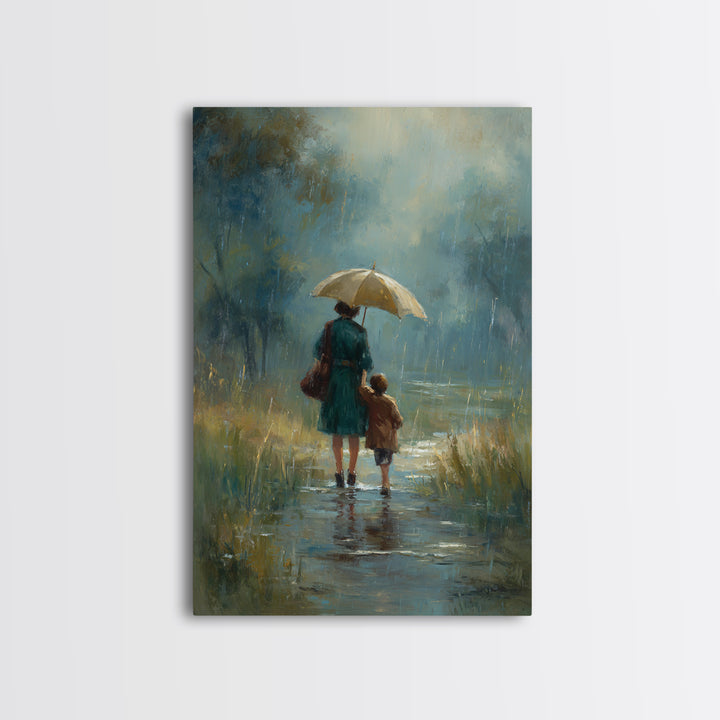Mother And Child Rainy Pond Canvas Print, Moody Blue Impressionist Landscape Art, Umbrella Painting For Bedroom Decor, Home Decor