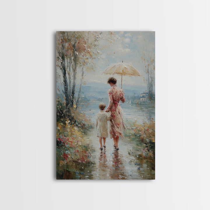 Mother And Child By Misty Lake Framed Canvas Print, Romantic Umbrella Painting, Coastal Floral Living Room Wall Decor Art