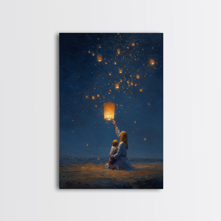 Mother And Child Releasing Sky Lantern Canvas Print, Starry Night Beach Wall Art, Celestial Nursery And Bedroom Decor Gift