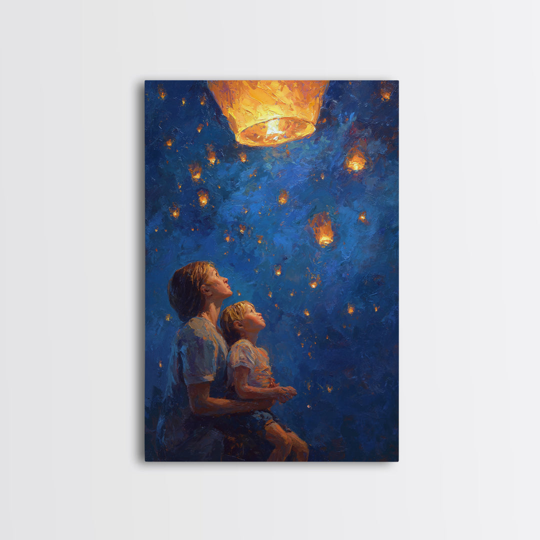 Mother And Child Under Glowing Lantern Framed Canvas Print, Blue Night Sky Wall Art, Celestial Family Bedroom Decor Gift