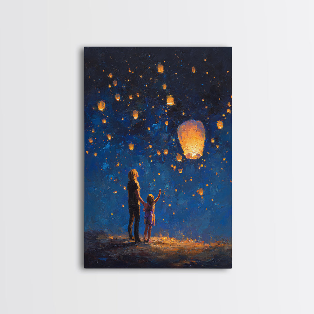 Mother And Daughter Lantern Festival Wall Art, Blue Night Celestial Canvas Print, Family Nursery Home Decor And Gift For Her