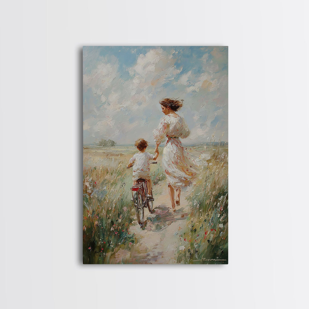 Mother In White Dress Walking With Child On Bicycle Canvas Print, Coastal Meadow Wall Art, Impressionist Family Home Decor