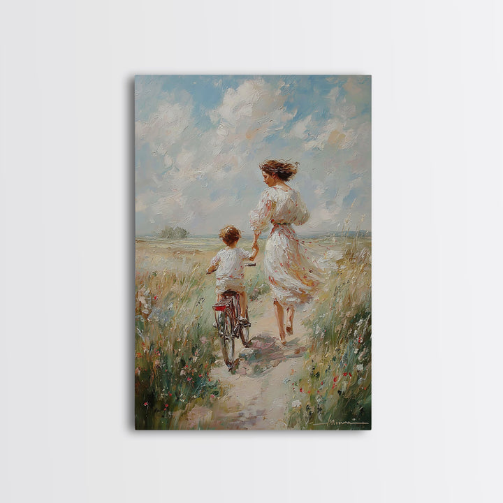 Mother In White Dress Walking With Child On Bicycle Canvas Print, Coastal Meadow Wall Art, Impressionist Family Home Decor