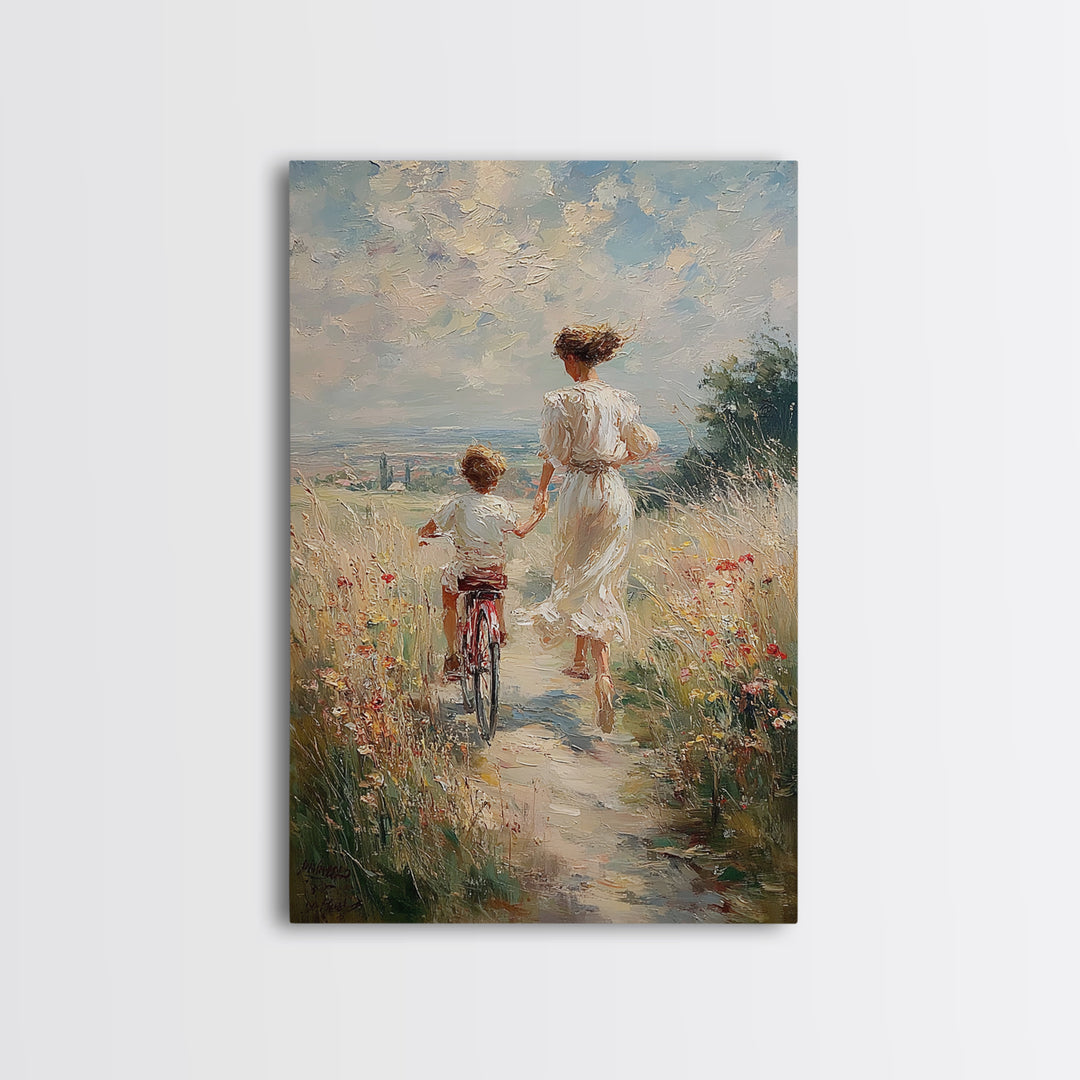 Windy Meadow Mother And Child Bike Ride Canvas Print, Coastal Landscape Wall Art, Wildflower Family Living Room Decor, Housewarming Gift