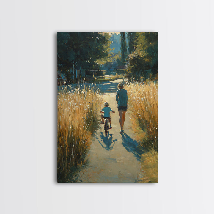 Backlit Mother And Child By Golden River Path Canvas Print, Nature Wall Art, Warm Rustic Living Room Decor, Gift For Her