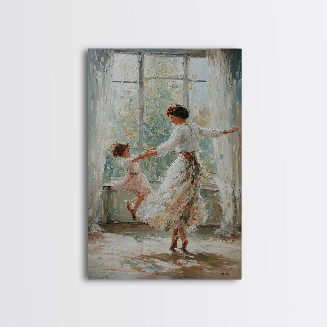 Mother And Daughter Dancing In Bright Sunlit Window Canvas Print, Impressionist Wall Art, Feminine Bedroom Decor, Gift For Mom