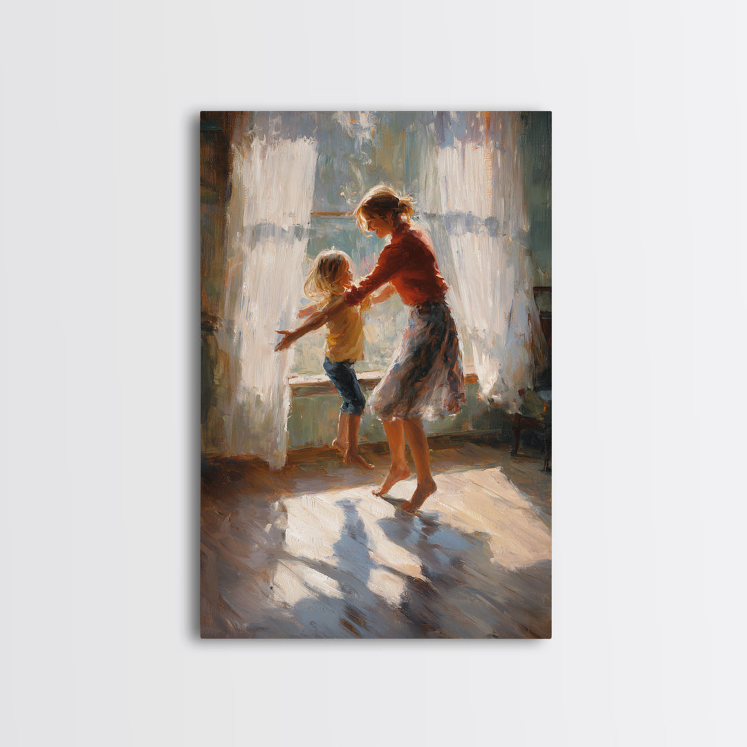 Sunlit Mother And Child Dancing By Lace Curtains Canvas Print, Impressionist Wall Art, Cozy Family Home Decor, Gift For Mom