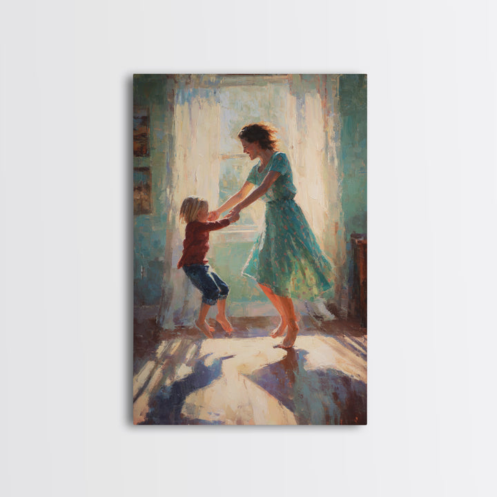 Mother And Child Dancing In Teal Dress Sunlight Canvas Print, Warm Impressionist Family Wall Art, Cozy Bedroom Decor, Gift For Her
