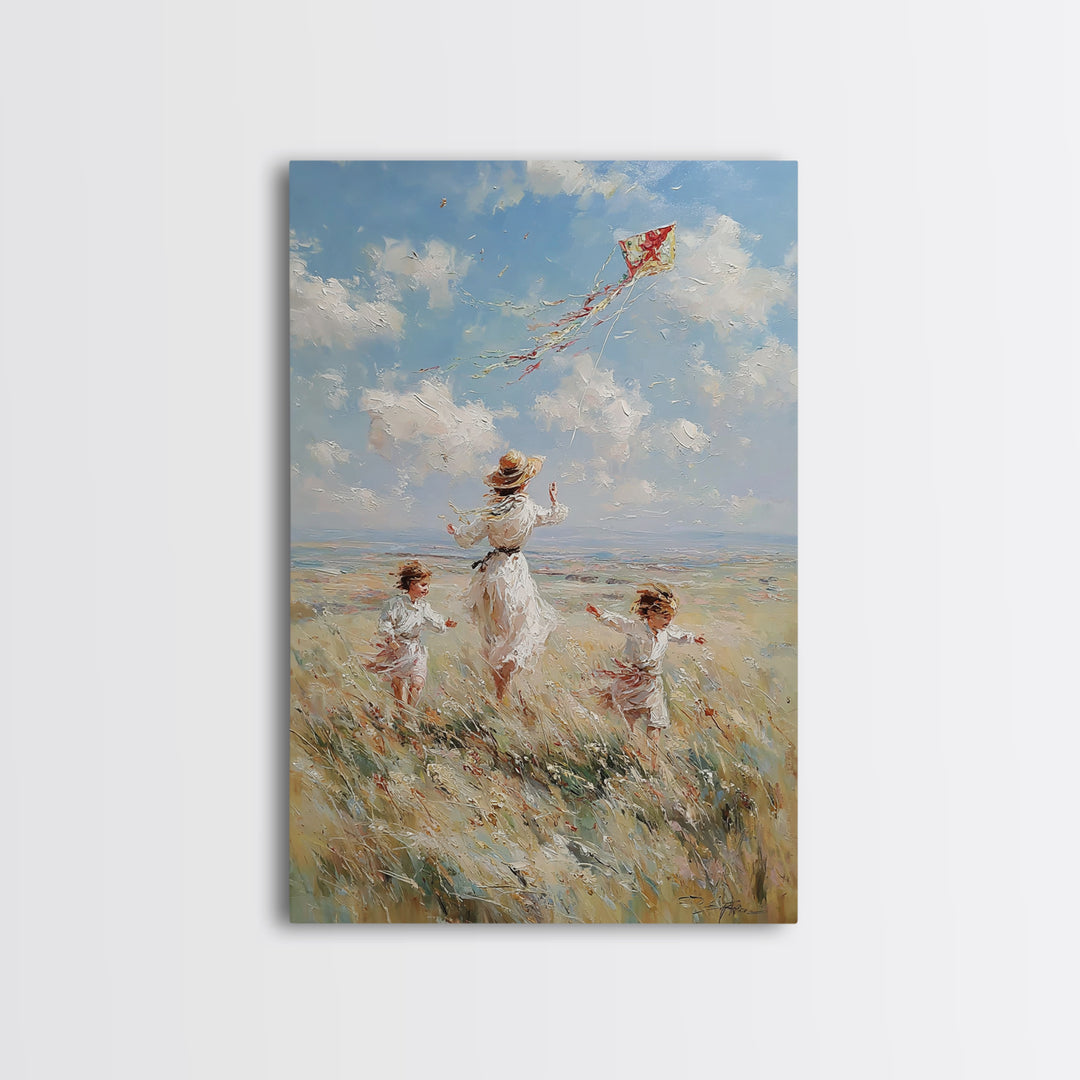 Mother And Children Flying Red Kite In Coastal Meadow Canvas Print, Whimsical Family Wall Art, Beach House Decor Gift For Her