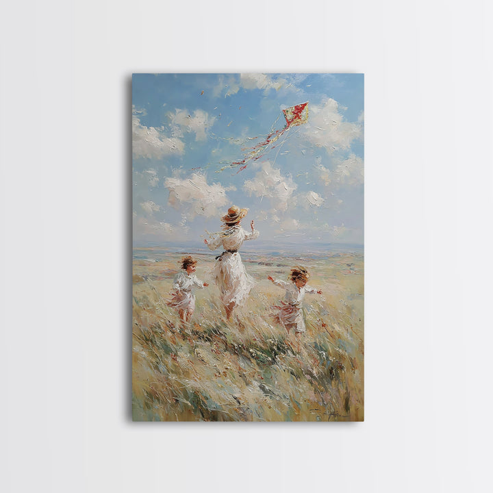 Mother And Children Flying Red Kite In Coastal Meadow Canvas Print, Whimsical Family Wall Art, Beach House Decor Gift For Her